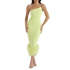 House of CB Alessia Asymmetric Feather Trim Midi Dress Green Size Small NWT